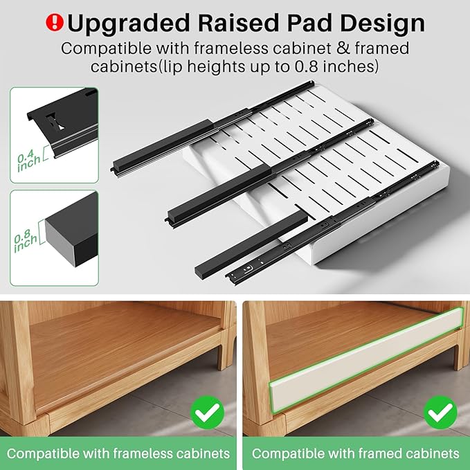 Pull out Cabinet Organizer, Wider Expandable(14"-24") Heavy Duty Slide out Drawers Fixed with Adhesive Nano Film for Pots, Roll out Shelf Storage for Kitchen Cabinet Organization(White-1pc)(3 Rails)