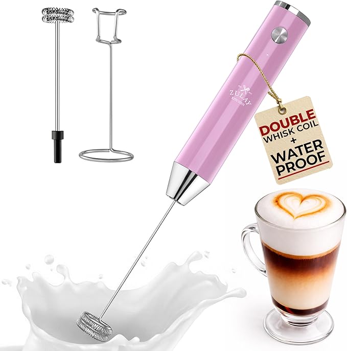 Zulay Kitchen Rechargeable Milk Frother Handheld - Frother Wand, Drink Mixer, Electric Whisk Frother, for Cappuccinos, Matcha & Protein Powder - Lux 4 Whisk 2 Speed Waterproof 2000mAh Pink