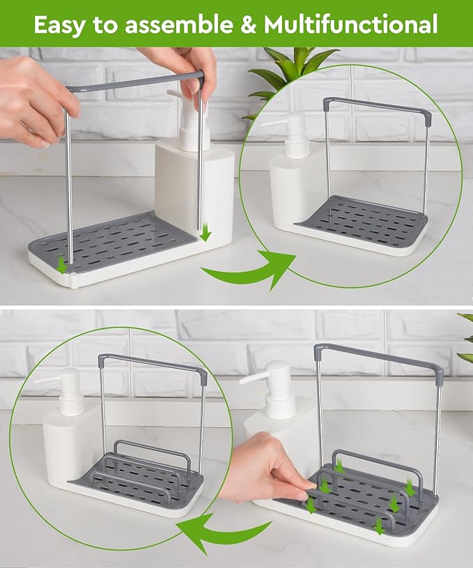 Hand and Dish Soap Dispenser Set with Tray, Dual Soap Dispenser with Sponge Holder and Dishcloth Holder 5-in-1 Organizer for Kitchen Sink Countertop Storage Organize - Useful Kitchen Gadgets (White)