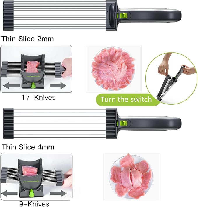 Fresh Meat Slicer, Manual Meat Slicer for Fresh Raw Meat, Meal Prep for the Week, Adjustable Thickness 2mm or 4mm, 17 Blades get 18 Meat Slices, Meat Cleavers can be Sliced, Striped, Diced -Gray