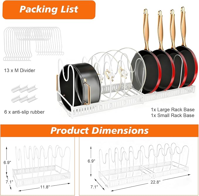 Expandable Pots and Pans Organizer Rack for Under-Cabinet Storage - Adjustable Kitchen Cabinet Organizer with 13 Dividers, Cutting Board Holder & 6 Non-Slip Silicone Pads-White