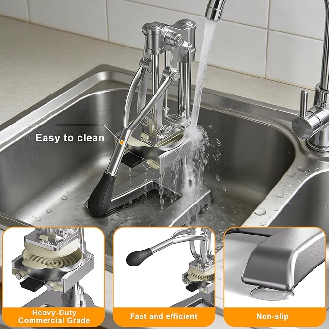 2-in-1 Commercial Juicer & Vegetable Chopper – Heavy Duty Cast Iron Manual Citrus Press with Stainless Steel Food Dicer, French Fry Cutter, 1/2" 3/8" 1/4" Blades for Potatoes