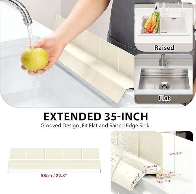 23Inch Sink Splash Guard – Extended Length & Tall Silicone Kitchen Sink Splash Guard with Overhang Drainage Design, High Splash Wall & Strong Suction Cups for Countertop (White, 23''x3.5'')