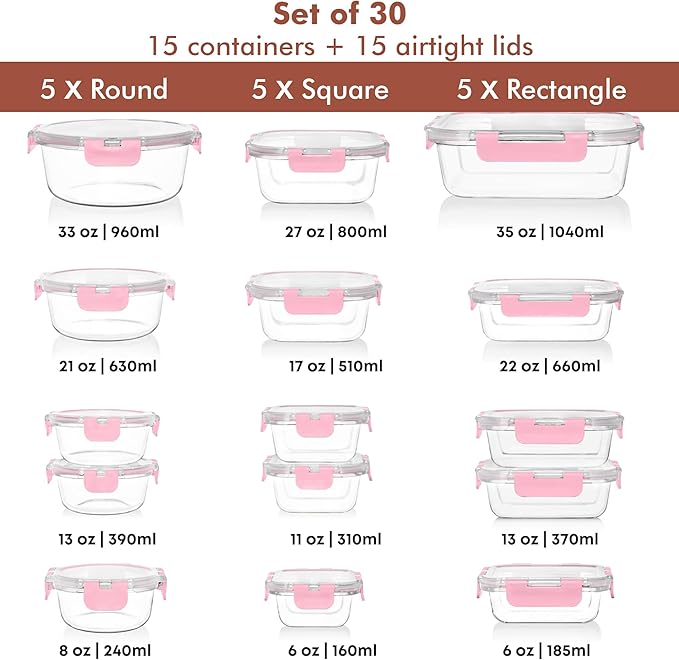 Razab 30 PC Glass Food Storage Containers with Lids - Reusable Glass Meal Prep Containers for Lunch and Leftovers - Airtight & Leakproof Snap Locking Lids - Oven, Freezer, Microwave, Dishwasher Safe