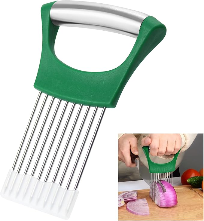 Green Stainless Steel Onion Holder for Slicing,Onion Slicer Holder, Onion Cutter for Slicing of Onions, Tomatoes,Avocados,Eggs and Other Vegetables,St. Patrick's Day Gift Kitchen Utensils (Green)