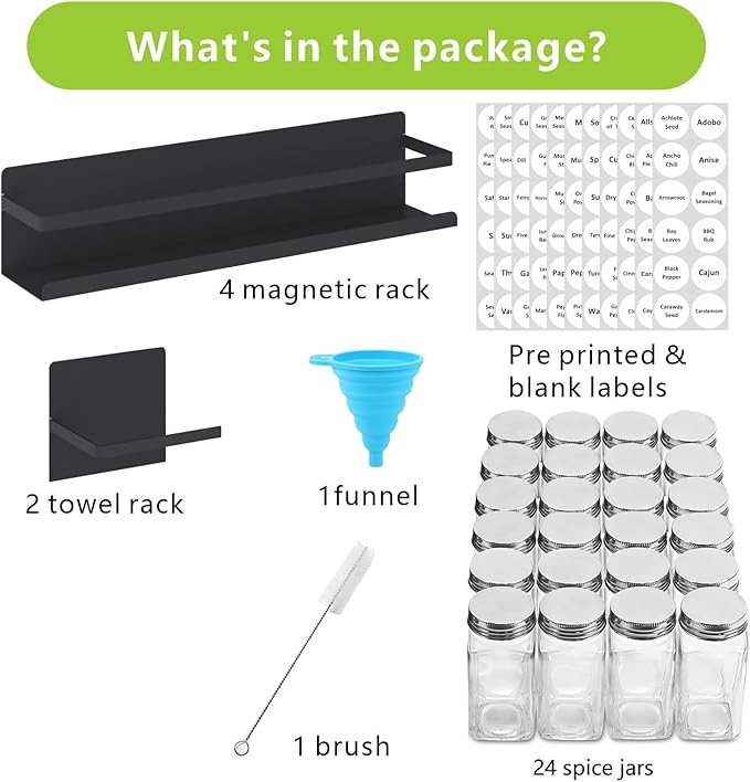 Magnetic Spice Rack with Jars Magnetic Spice Rack for Refrigerator 24 Spice Jars with Label Magnetic Shelves for Fridge 4 Pack Black