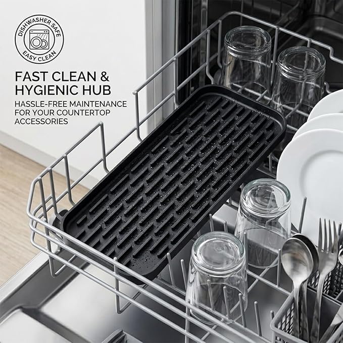 Silicone Organizer Tray, Soap and Sponge Holder for Kitchen Sink, Bathroom - Storage Tray for Dish Brush, Soap Dispenser, Dishwashing Accessories-(Black 1 Pack, 12"x4.7")