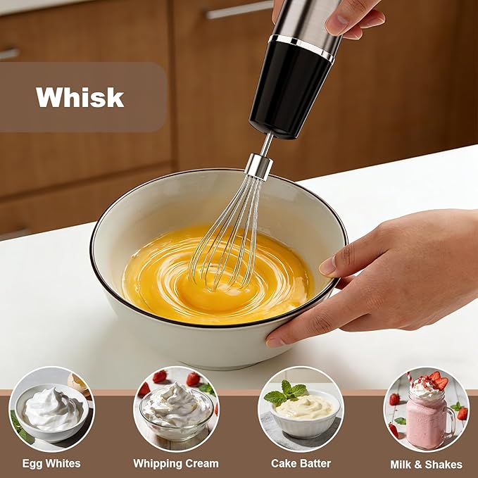 Camic Hand Blender, Cordless Immersion Blender with 6 Speeds, 4 in 1 Portable Mixer Electric Handheld Mixer with Blender, Chopper, Whisk, Frother for Soup, Smoothies, Baby Food and Puree (Champagne)