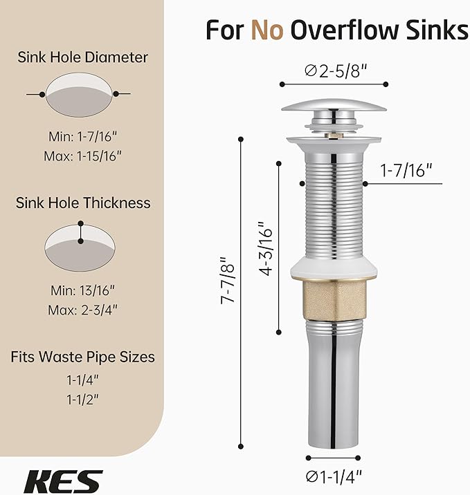 KES Bathroom Sink Drain with Strainer Basket Hair Catcher Anti Clog Pop Up Drain Stopper Vanity Vessel Sink Without Overflow, Polished Chrome S2013D-CH