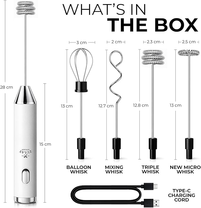 Zulay Kitchen Rechargeable Milk Frother Handheld - Frother Wand, Drink Mixer, Electric Whisk Frother, for Cappuccinos, Matcha & Protein Powder - Ultra Metal 3 Whisk, 1800mAh White