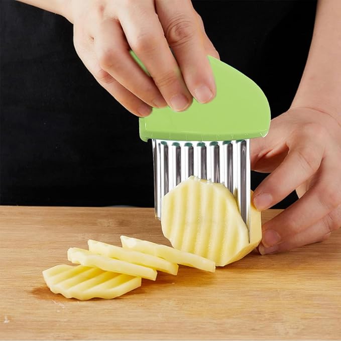 2 Pack Crinkle Cutter Stainless Steel Wavy French Fry & Vegetable Slicer for Potatoes, Carrots, Cheese, Multi-Color (Green & Yellow)