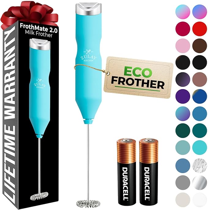 Zulay Kitchen Powerful Frother Wand AA Batteries Included, Ultra Fast Handheld Drink Mixer, Comfort Milk Frother, Stainless Steel Whisker, Frother Handheld for Coffee, Protein & Matcha - Frothmate 2.0