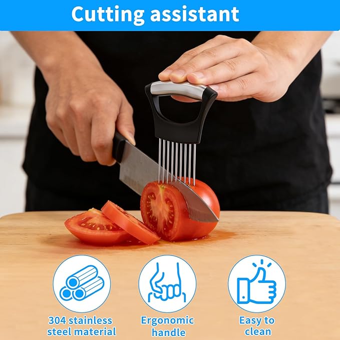 Onion Slicer Holder, with Protective Case, Stainless Steel Onion Cutter Tool for Kitchen, Meat, Lemon, Potato, Tomato, Avocado & Egg, Vegetable & Fruit Slicing Assistant