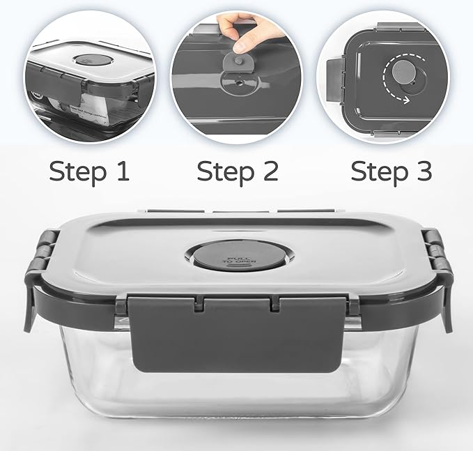 10 Pack Glass Food Storage Containers with Lids, Airtight Meal Prep Containers, Glass Lunch Containers Built in Air Vents, Dishwasher Safe, Grey