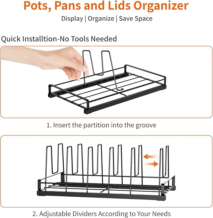 Food Container Lid Organizer for Cabinet, 6 Adjustable Dividers Metal Pot Lid Organizer, Pots and Pans Organizer Under Cabinet Storage Plastic Lids Pots Cookie Sheets for Cabinets, Cupboards, Drawers