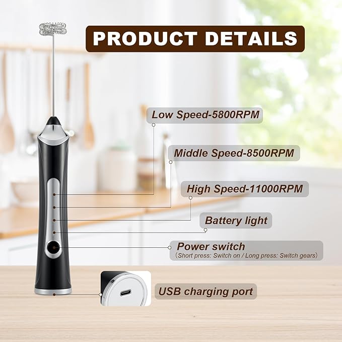 Handheld Electric Milk Frother with 2 Heads, Coffee Whisk Foam Mixer with USB Rechargeable 3 Speeds, Foam Maker Blender for Latte, Cappuccino, Hot Chocolate, Egg (Black with 3Head+Box)