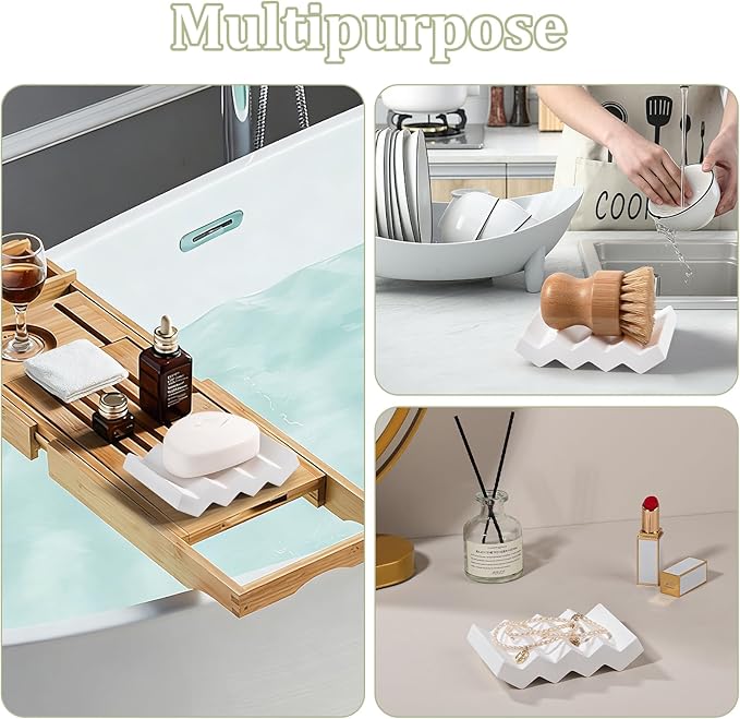 Self Draining Bar Soap Holder Diatomite Soap Dish Fast Drying Soap Saver Small Sponge Caddy for Shower, Bathroom, Kitchen Sink, White