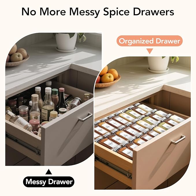 Adjustable 3-Tier Drawer Spice Organizer – Thick Plastic, Non-Slip, Fits 11"-22" Kitchen Drawers, Includes Labels & Funnel (No Jars)