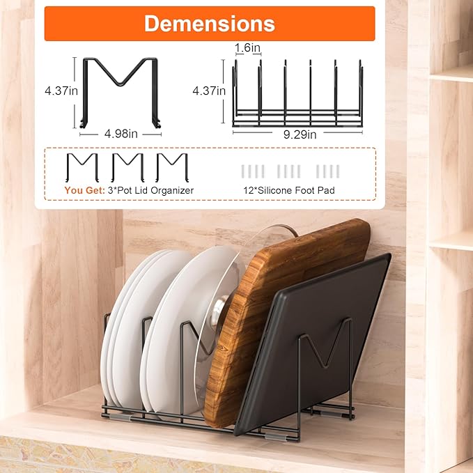 HzTinT 3 Pack Pot Lid Organizer for Cabinet, Stainless Steel Pot Lid Rack with Anti-slip Pad, Lid Holder for Pans Pots, Bakeware, Plates, Cookie Sheets, Trays, Dish, Cutting Boards, Classic Black
