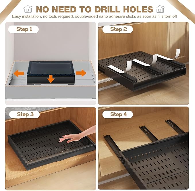 Seinloes Pull Out Cabinet Organizer, 4-Side Expandable to Fit Most Cabinets, 3 Rail Slide Out Drawers with Raising Pad for Framed & Frameless Cabinets, 13"-21" W x 17"-24" D, Black, 4 Pack