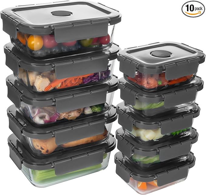 10 Pack Glass Food Storage Containers with Lids, Airtight Meal Prep Containers, Glass Lunch Containers Built in Air Vents, Dishwasher Safe, Grey