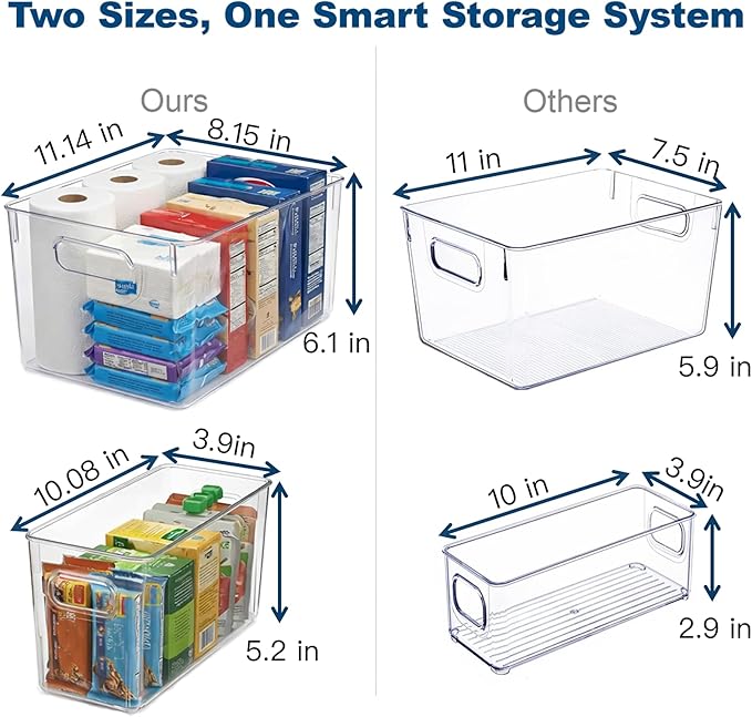 MOONEDGE 10 Pack Clear Plastic Storage Organizer Bins – 4 Large & 6 Deep Narrow, Nestable Space-Saving Storage Containers for Under Sink, Bathroom, Kitchen, Pantry & Cabinet Organization