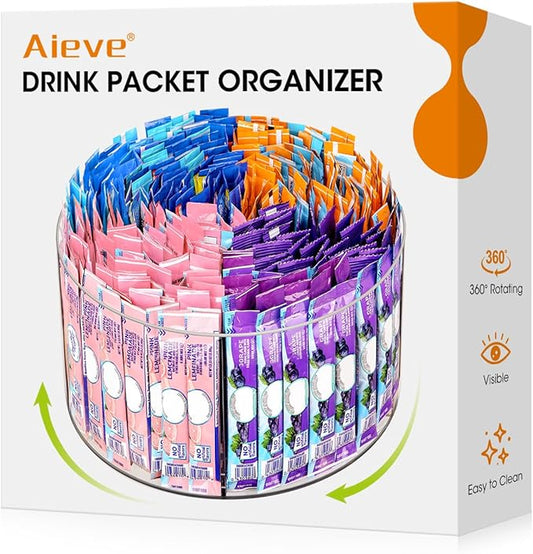 AIEVE Drink Packet Organizer, Lazy Susan 360° Turntable Organizer for Drink Mix Hydration Packets