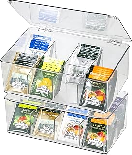 Plastic Clear Storage Containers, Set of 2 Tea Bag Organizer Boxes 8 Compartments with Lids, Underwear Tie Drawer Organizer, Dresser Organizer (10.8×7×3.7")