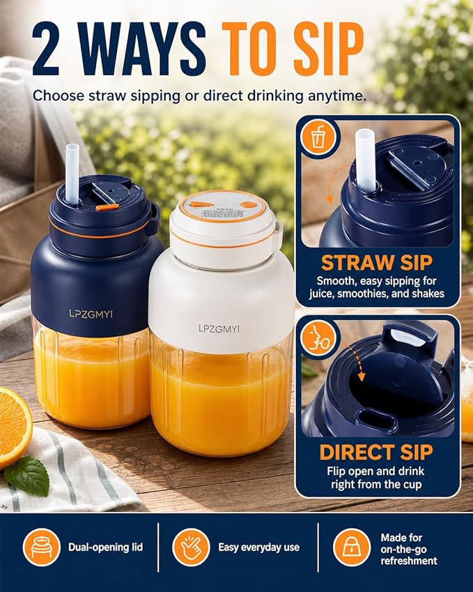 Portable Wireless Juicer Cup Electric Blender Travel Mini Rechargeable Personal Size Juicer Fresh Juice Bottle 44 Fl Oz / 1300 Ml Capacity 48 Blades Compact for Shakes and Smoothies (Blue)