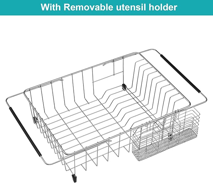 iPEGTOP Expandable Dish Drying Rack Over Sink, Rustproof Stainless Steel Basket Shelf, Multifunctional Dish Drainer Organizer with Utensil Cutlery Holder