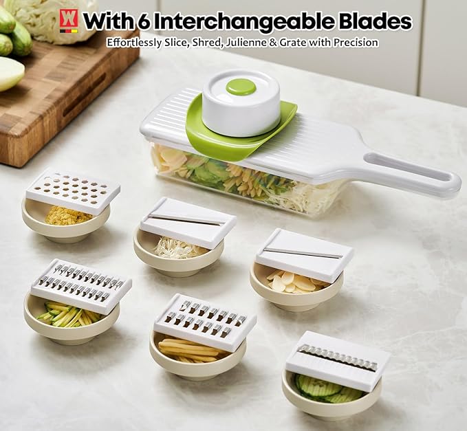 WAGENSTEIGER Stainless Steel Mandoline Slicer - Adjustable Multi-Blade Vegetable & Food Chopper with 6 Interchangeable Blades, Safe Hand Guard, Non-Slip Base & Catch Tray – Julienne Slicer
