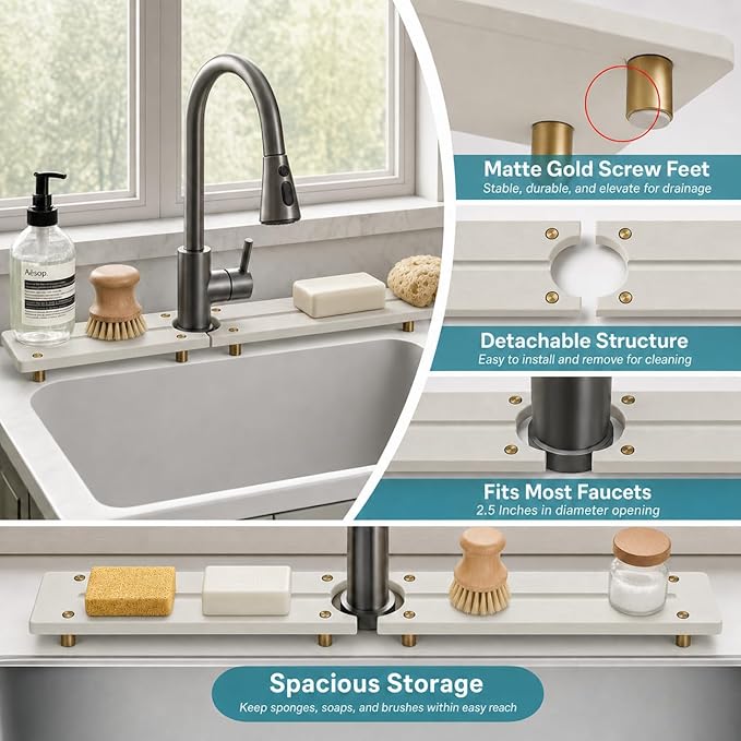 Stone Faucet Mat for Kitchen Sink, Water Absorbing Sink Tray Organizer for Bathroom Counter, Diatomite Soap Dish Coaster Caddy Riser, Sponge Holder Dispenser Mat, Gold Beige, 23.6" x 4"