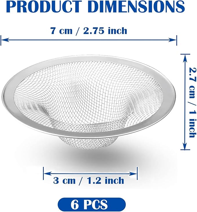 6 pcs Heavy Duty Stainless Steel Slop Basket Filter Trap, 2.75" Top / 1" Mesh Metal Sink Strainer,Perfect for Kitchen Sink/Bathroom Bathtub RV Wash Basin Floor Drain Balcony Drain Hole
