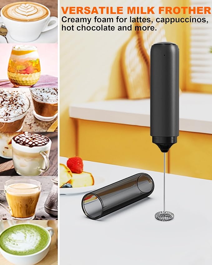 Rechargeable Milk Frother Handheld with Cover, Electric Drink Mixer with Stainless Steel Whisk - Portable Hand Frother Wand for Matcha Latte Cappuccino & Hot Chocolate, Black