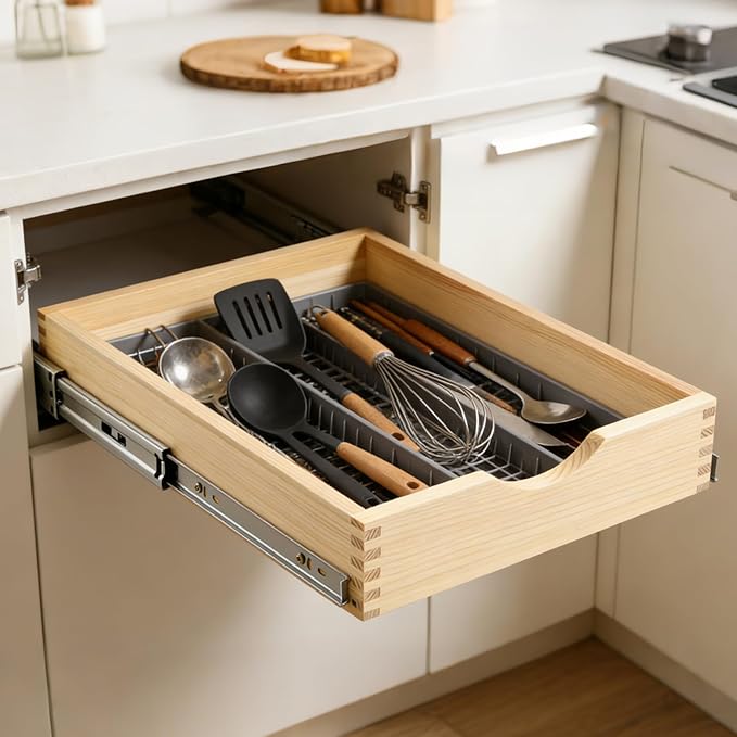 17" Pull Out Cabinet Drawer (Fits 18" Cabinet Opening), Wood Slide Out Cabinet Shelf Organizer with Ball Bearing Slides, Clear Lacquer Finish, Heavy Duty Kitchen Cabinet Pull Out Shelves