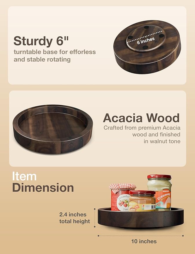 TIDITA 10” Small Lazy Susan Organizer, Acacia Wooden Lazy Susan Turntable for Cabinet - 360° Swivel Pantry Organizers and Storage for Home and Kitchen - Decorative Tray, Cheese Board (Walnut Color)