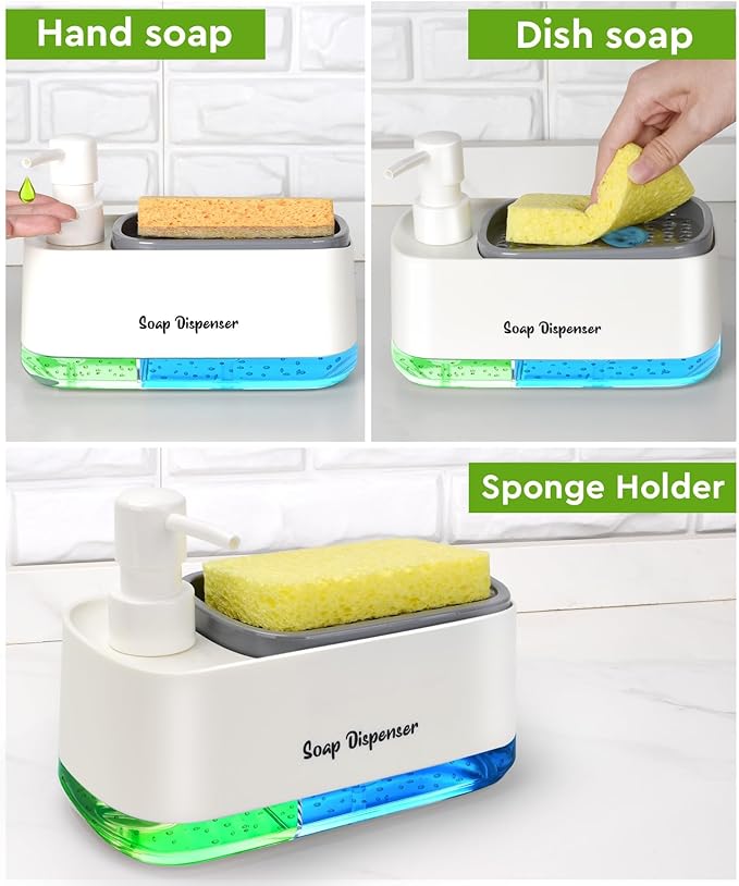 5-in-1 Kitchen Soap Dispenser Set with Sponge Holder - Dual Hand & Dish Soap Pump Dispenser for Sink Countertop with 2-Packs Natural Loofah Dish Sponge Dishwashing Scrubber,White