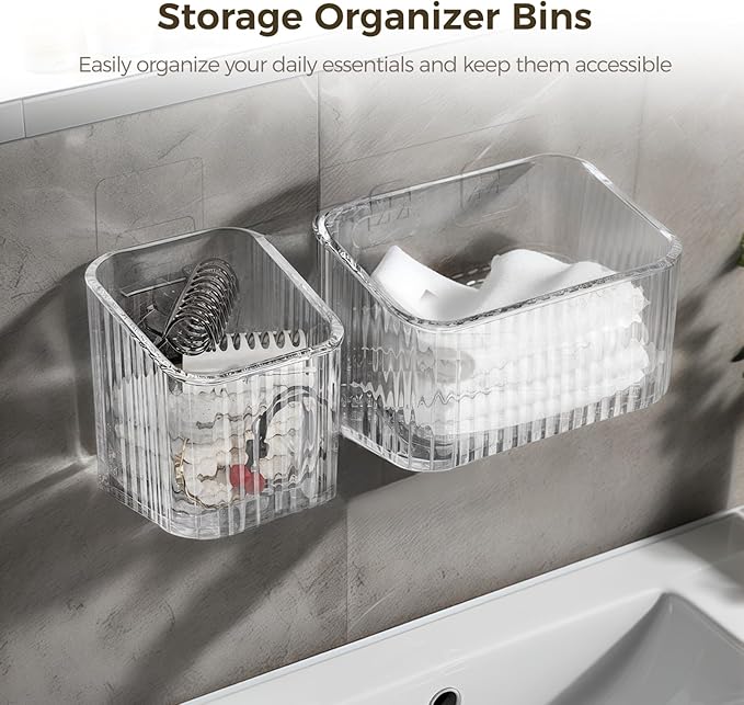 8 Pack Clear Wall Mounted Storage Bins, Acrylic Cabinet Door Organizer Baskets, Bathroom Wall Storage Organizer with Drain Hole, Adhesive Hanging Bins for Fridge Kitchen, BPA Free