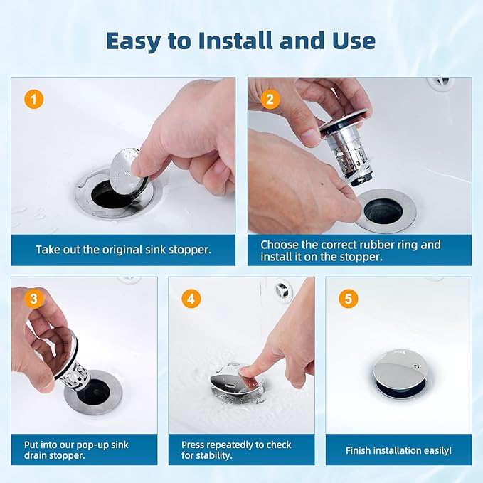 Hibbent 2 Pack Upgraded 3 in 1 Bathroom Sink Drain Strainer, Pop Up Sink Stopper with Big Push Cap, Anti-Clogging Metal Filter Basket,Sink Plug with Hair Catcher for 1.1''~2.36'' Basin, Chrome