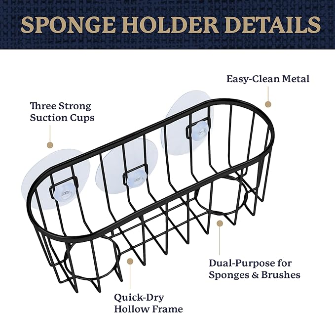 Farberware Sponge Holder for Kitchen Sink—Brushed Metal Sink Caddy Organizer with Triple Suction Cups, Kitchen Organizer for Sponges, Brushes, Soap & Cleaning Essentials