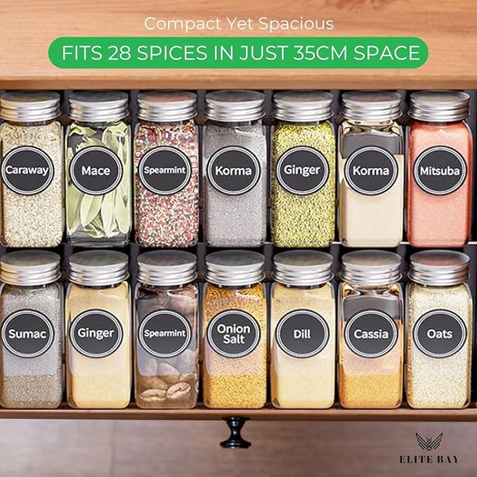 ELITE BAY-Spice Jar Rack with KEEP – 4-Tier Organizer with 28 Empty Bottles, 180 Waterproof Labels (55 Blanks), Funnel &Screws | Space-Saving Spice Storage Set for Kitchen Counter or Cabinet