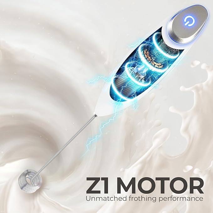 Zulay Kitchen Powerful Milk Frother Wand With Duracell Batteries - Ultra Fast Handheld Drink Mixer - Electric Whisk Foam Maker for Coffee, Lattes, Cappuccino & Matcha - Triple Whisk - Luna White