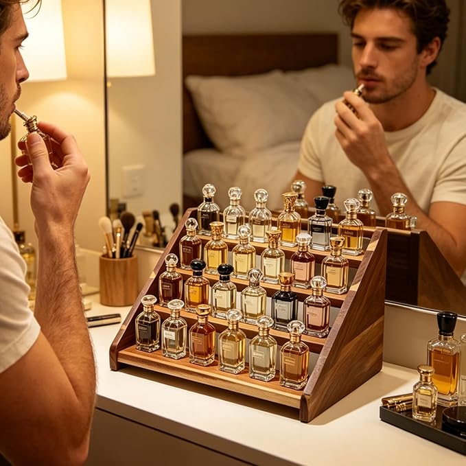 Acacia Wood 4 Tier Cologne Organizer for Men, Ladder Perfume Display Stand, Vanity Countertop Cologne Shelf, Perfume Organizer Stand Ideal Gift for Men Women