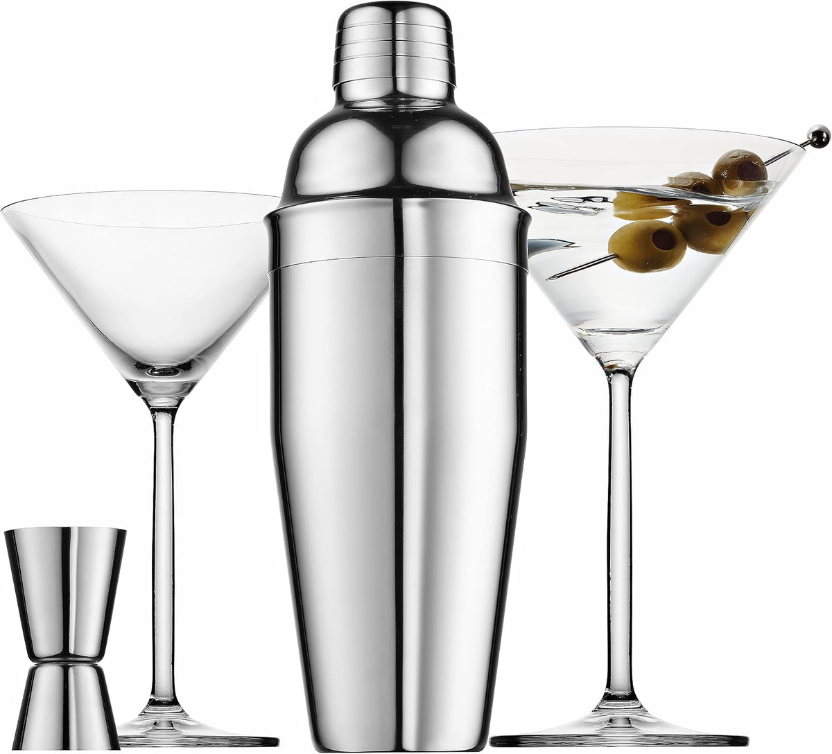 Cocktail Shaker Set and Martini Glasses Bar Set, Stainless Martini Shaker with Stemmed Cocktail Glasses and Double Jigger, 4 Piece Gift Set