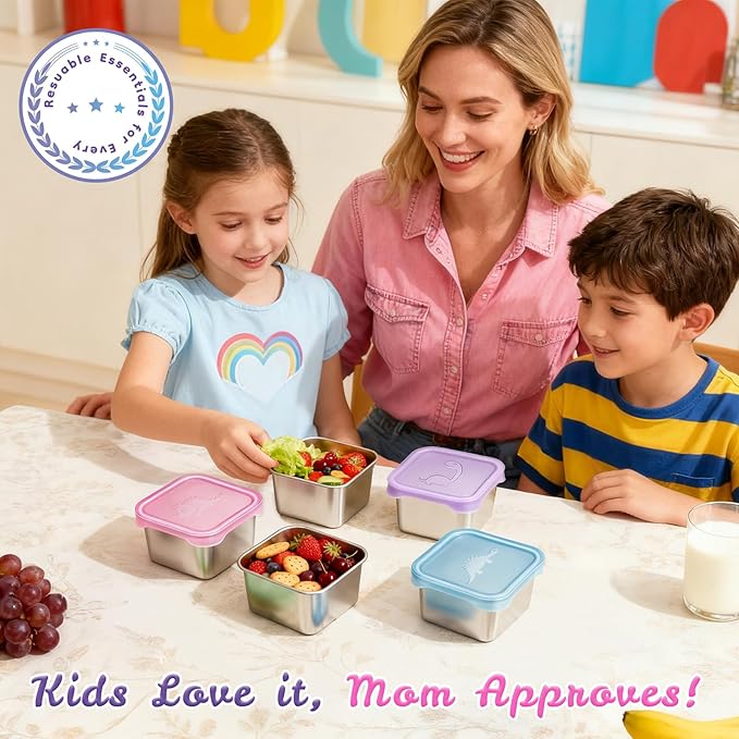 Tanjiae 6-Pack Small (6 oz) Stainless Steel Snack Containers for Kids, Easy-Open Toddler Snack Containers with Lids - Cute Dinosaur Small Stackable Metal Lunch Box for Daycare, School, Travel