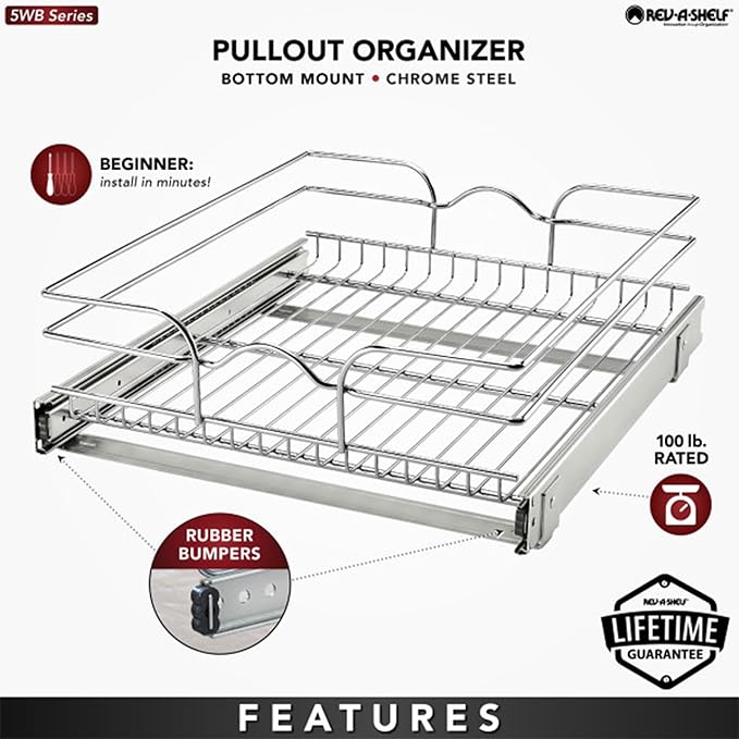 Rev-A-Shelf Steel Wire Pullout Drawer Organizer Shelf for Kitchen Cabinets, Slide Out Storage Basket, Min Opening Width of 17.5", 18" x 20", 5WB1-1820CR-1