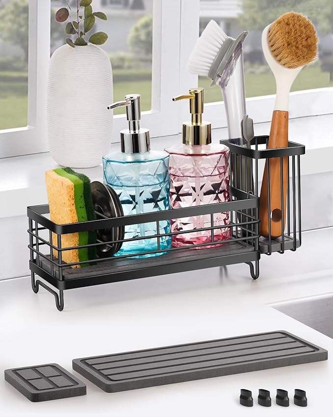Kitchen Sink Caddy with Water Absorbent Diatomite Stone Sink Tray, Fast Drying Sink Organizer with High Dish Brush Holder Sponge Holder for Kitchen Sink, Stainless Steel