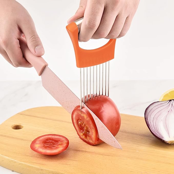 Stainless Steel Onion Holder for Slicing,Onion Slicer Holder, Onion Cutter for Slicing of Onions, Tomatoes,Avocados,Eggs and Other Vegetables,Kitchen Utensils Gift (Orange)