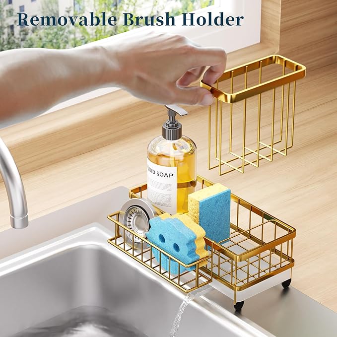 Consumest Sponge Holder for Kitchen Sink - Auto Draining Sink Caddy Organizer with Detachable Rack, High Brush Holder, Kitchen Countertop Storage Accessories, Gold