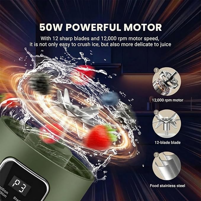 Portable Personal Electric Blender，500ML Portable Shakes and Smoothies Blender，12 Blades USB Rechargeable Small Blenders、Mixing、Compact、Convenient and Versatile (Green)